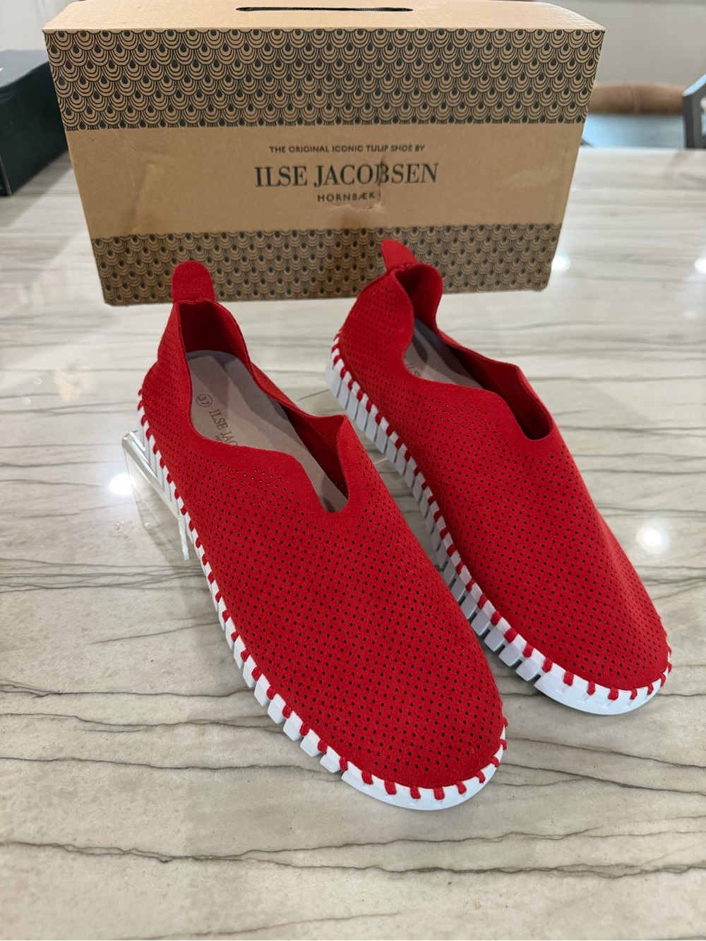 Ilse Jacobsen Red Perforated Knit Slip-On Moccasins